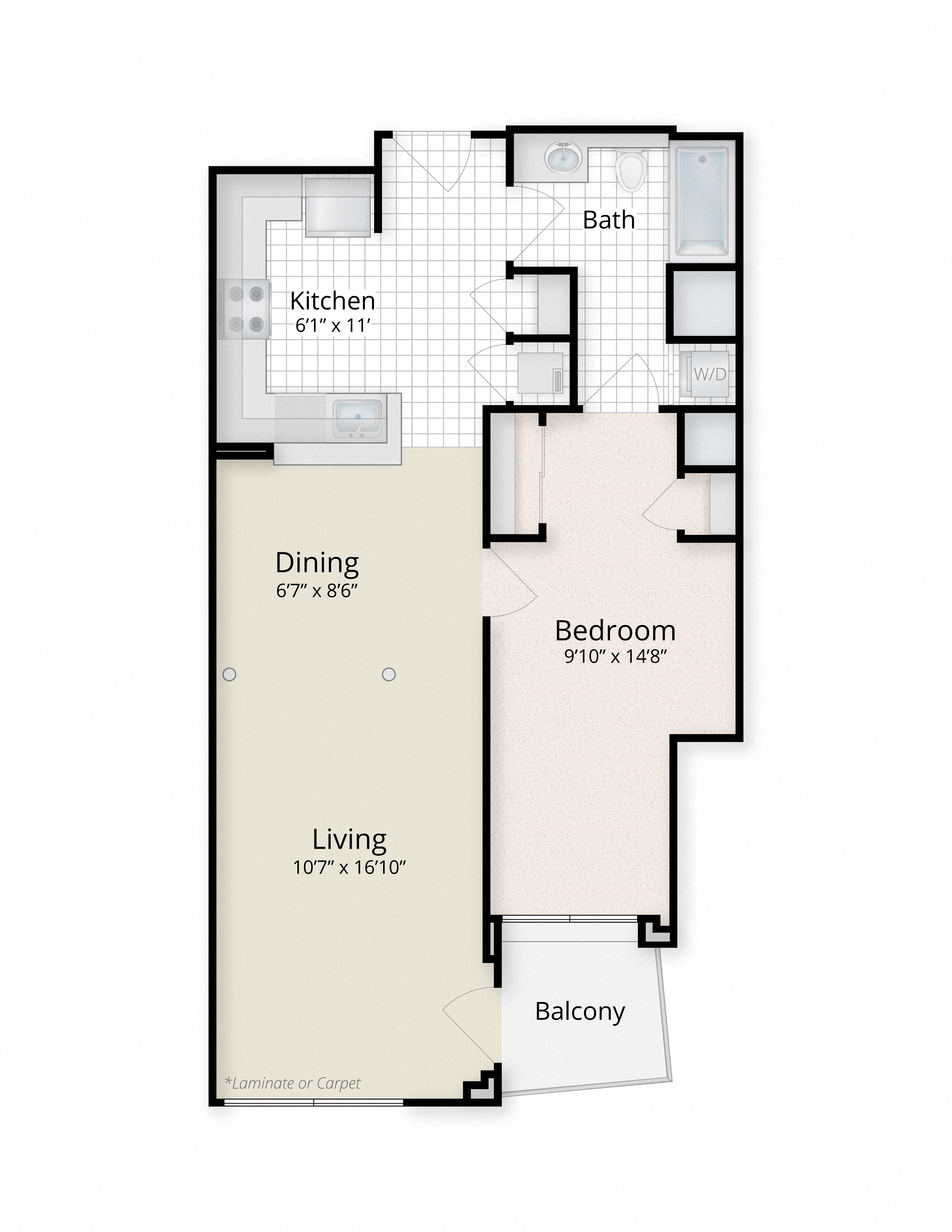 Floor plan for 1 bed, 1 bath, 761 sqft